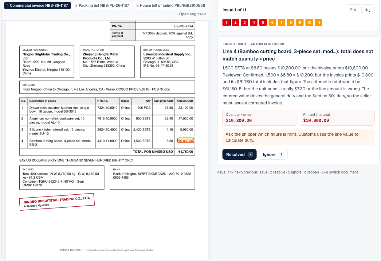 FreightProof verification screen with a highlighted value in the original invoice